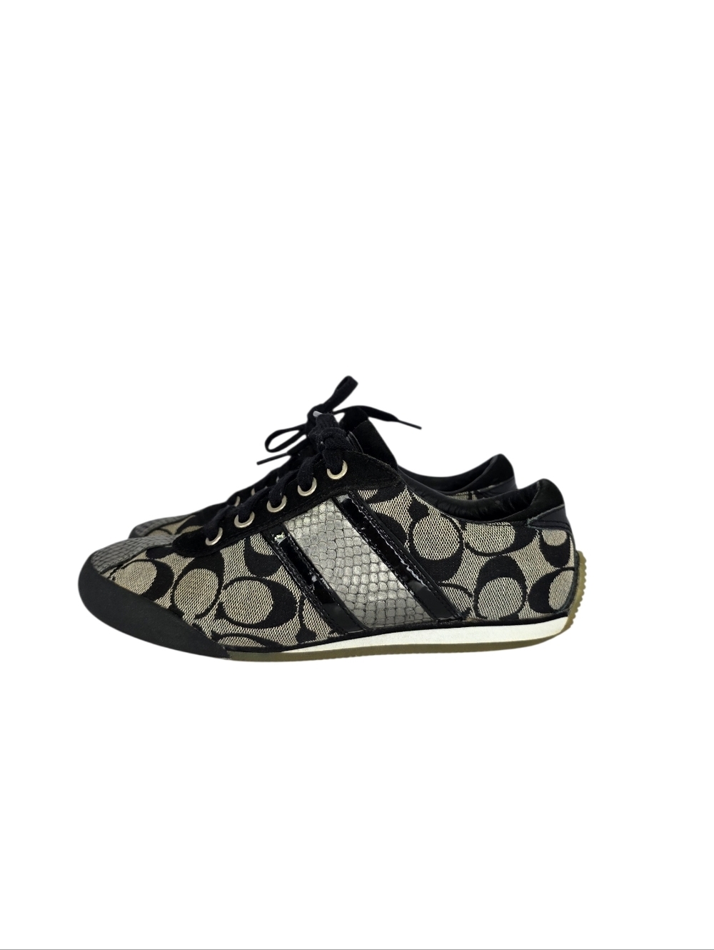 Coach Women's Meagan Black Metallic Silver C- Signature Logo Sneakers Size 7 M‎